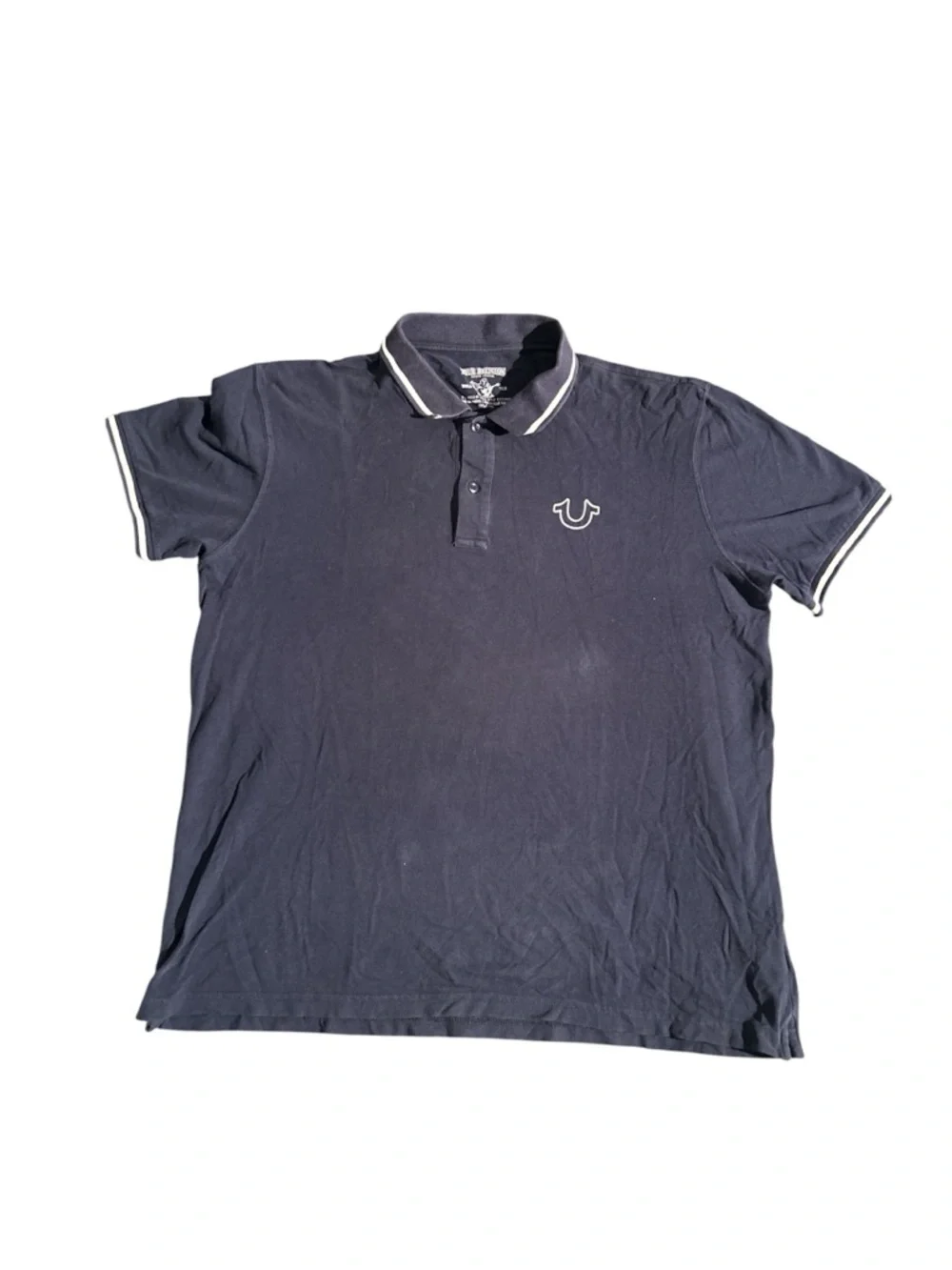 True Religion Men’s Navy Polo with White Trim Back Graphics Size 2XL